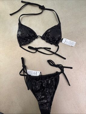 SHEIN Black Sequin Triangle Bikini Set